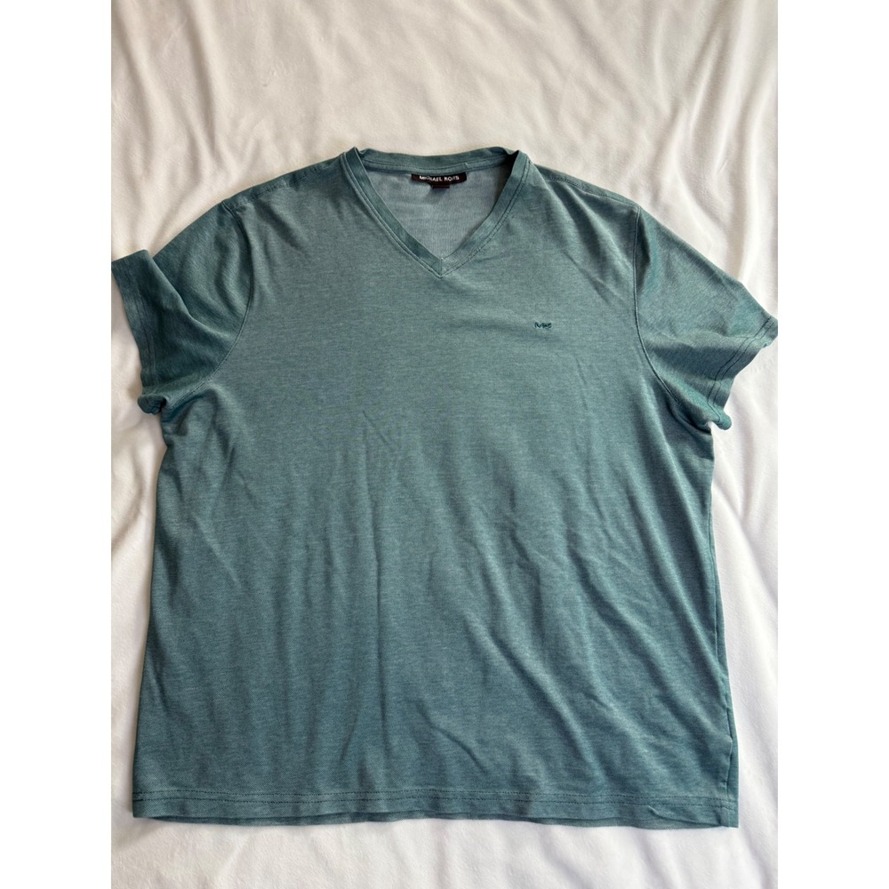 Michael Kors Mens XL V-Neck Short Sleeve Tee Heathered Teal Green MK Logo